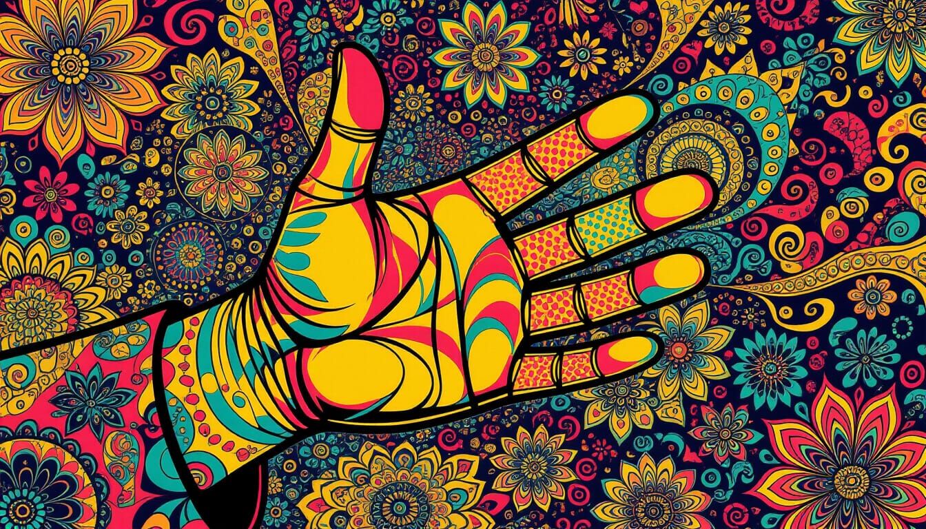 Psychedelic Hand Gesture in Vibrant 60s Art Style