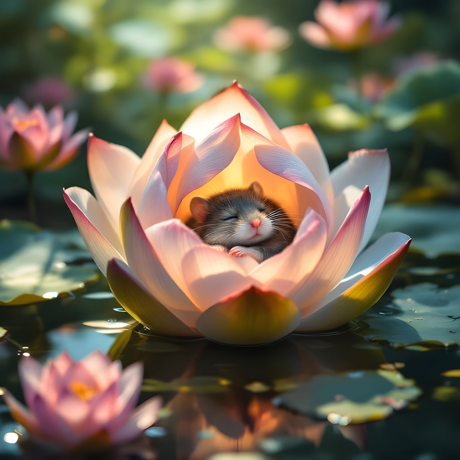 Doormouse Napping in Lotus Flower, Yoshida Style