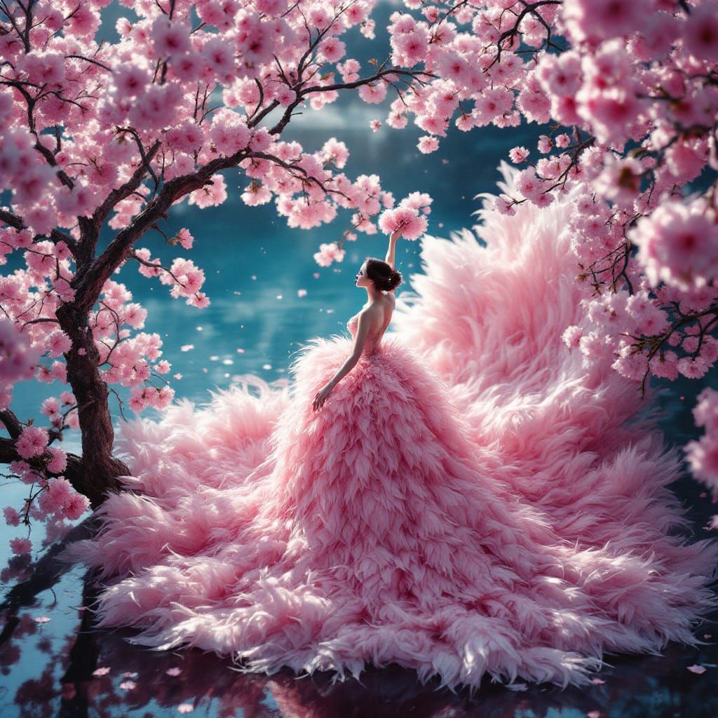 Fantasy Woman in Pink Feather Gown by Lake with Giant Blosso...
