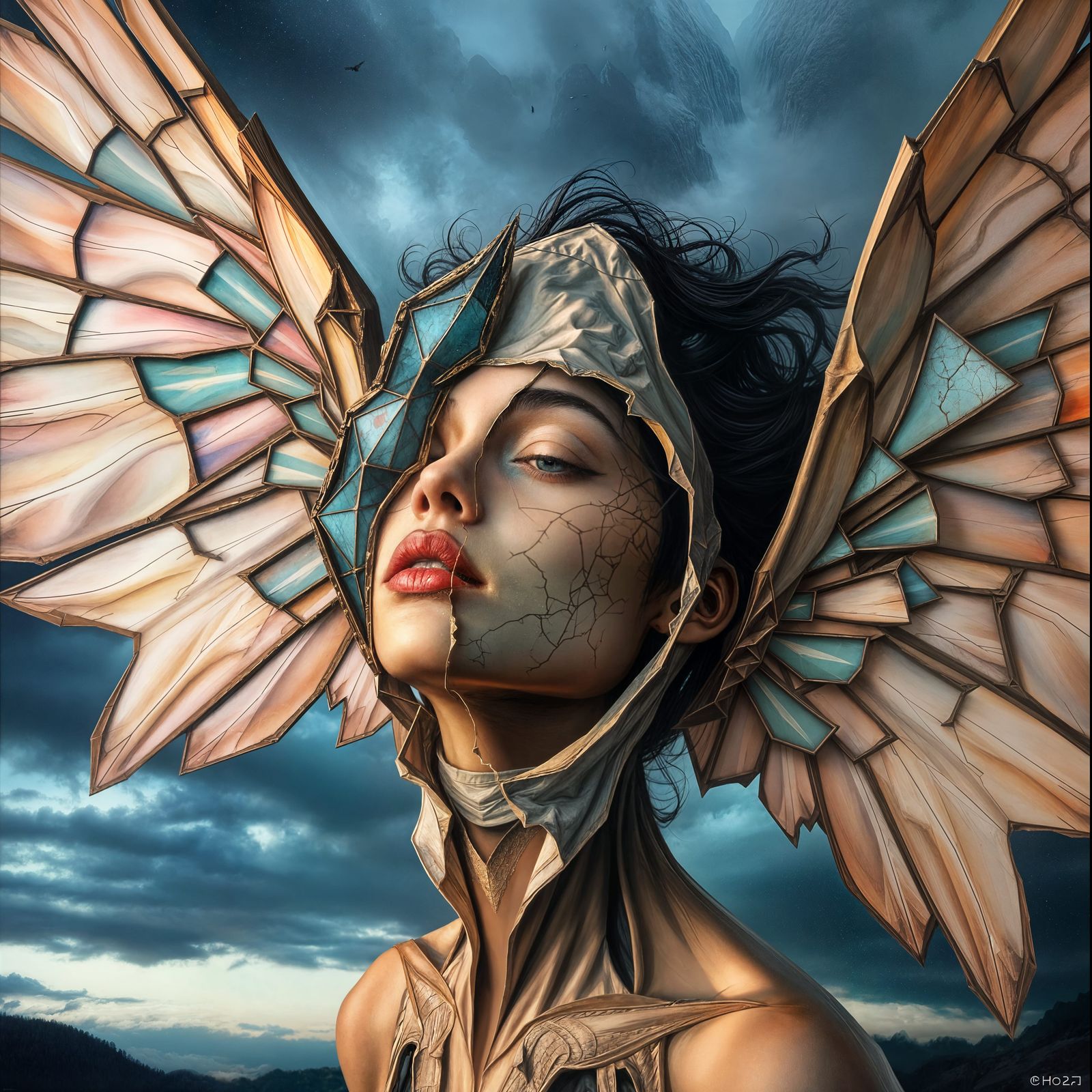 Macabre Winged Woman in Cubist Impasto Style