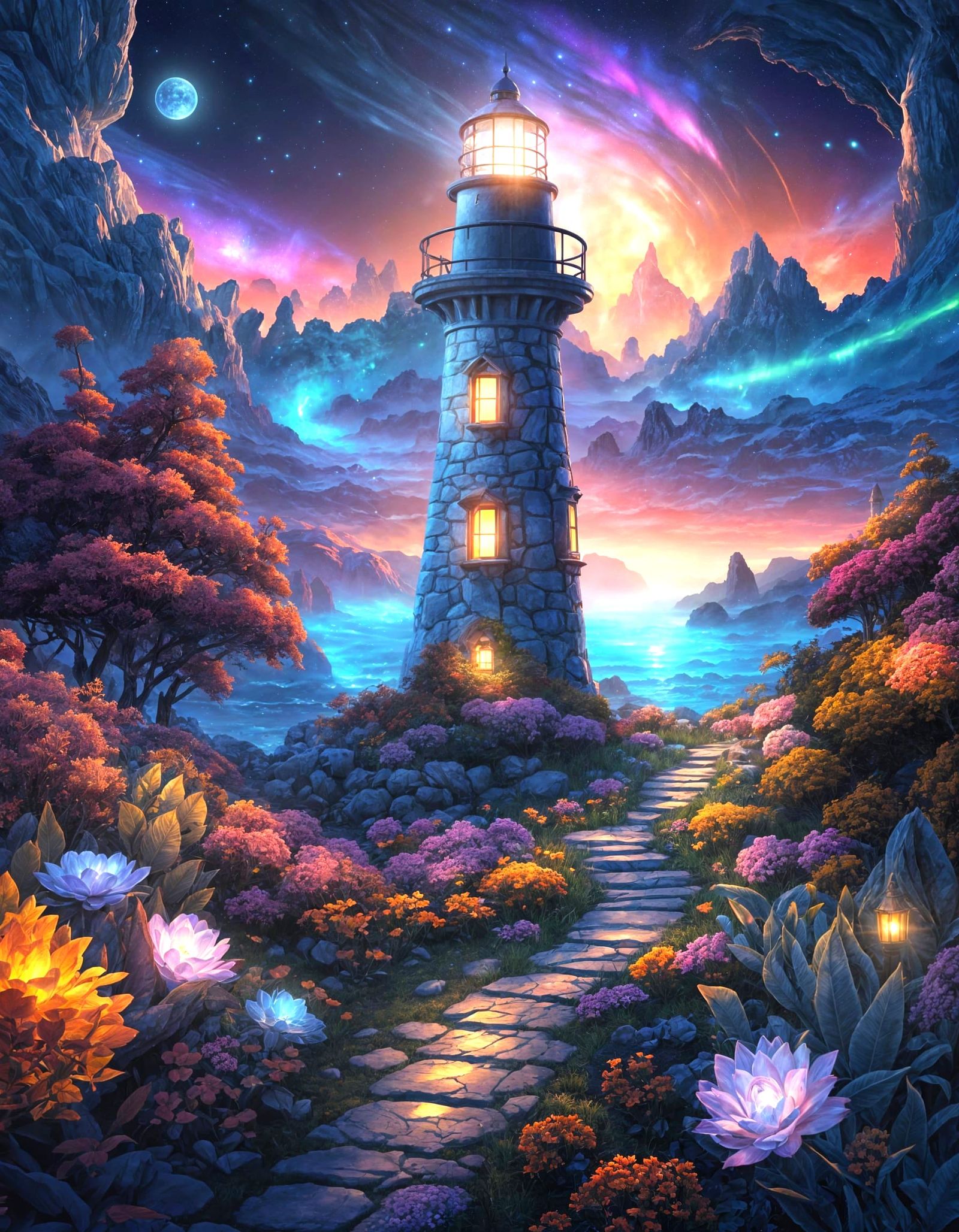 Bioluminescent Lighthouse Under Aurora, in Visionary Art Sty...