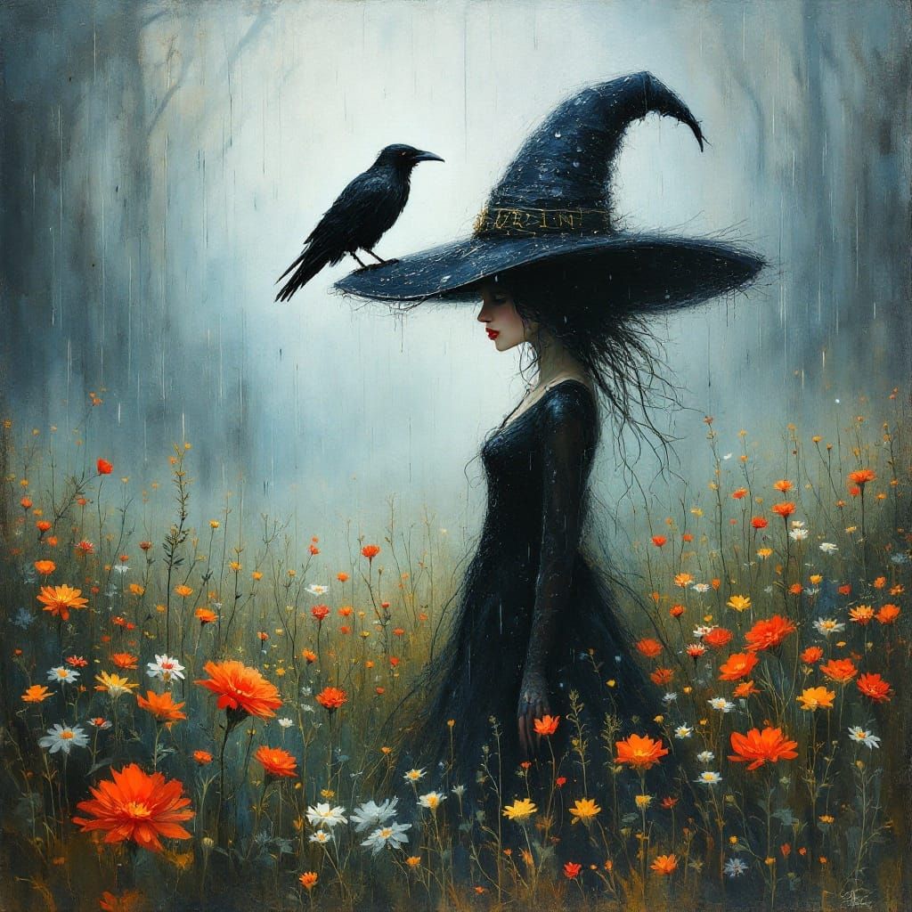 Raven and Sorceress in Misty Wildflower Field
