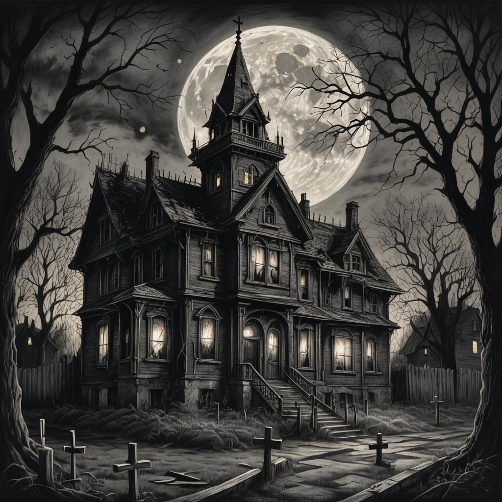 Dark Fantasy: Abandoned House Under a Bloody Moon