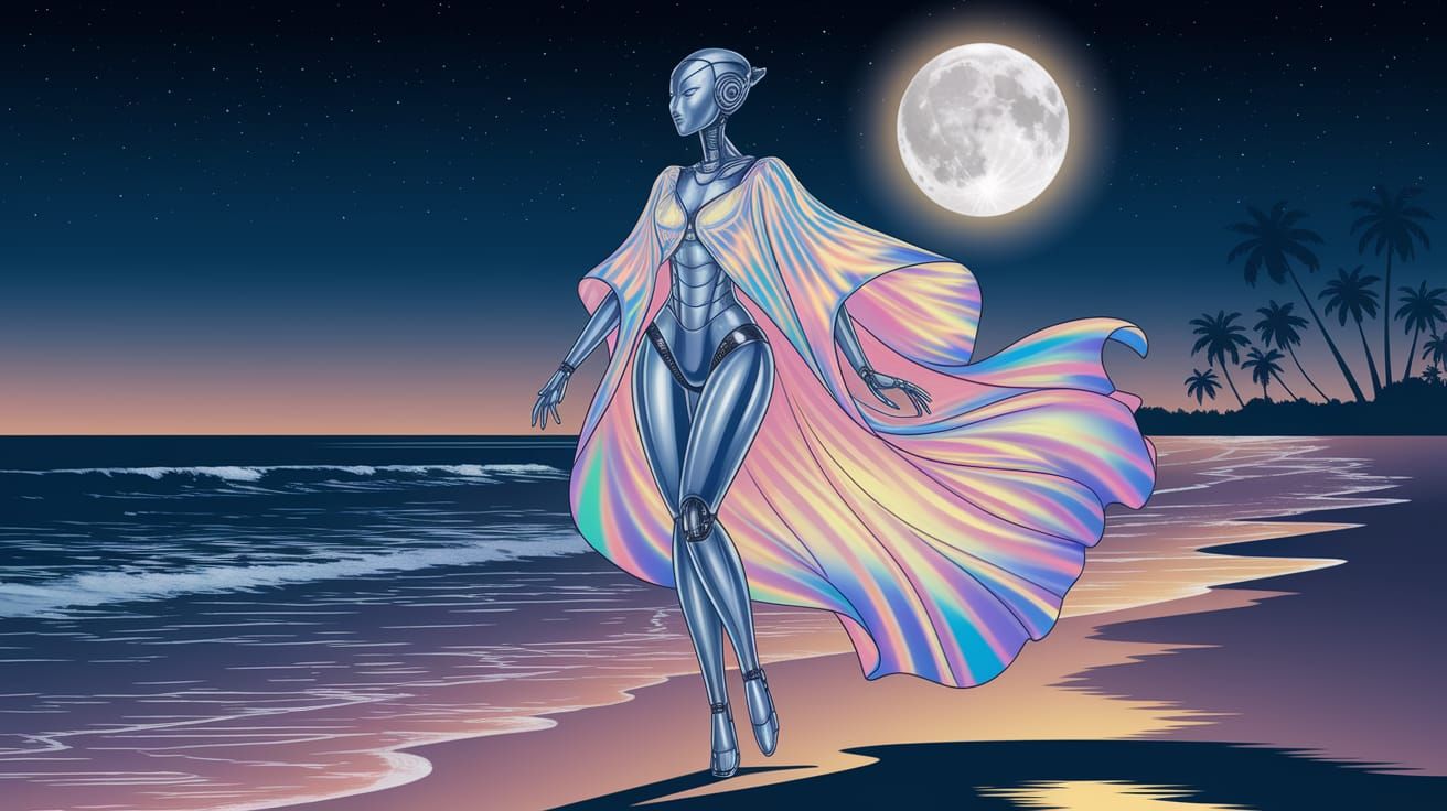 Robotic Woman on Moonlit Beach in Sorayama Style