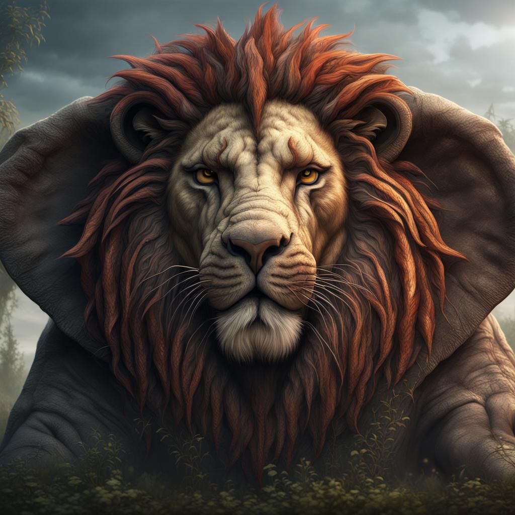 Surreal Lion-Elephant Hybrid in Detailed Matte Painting