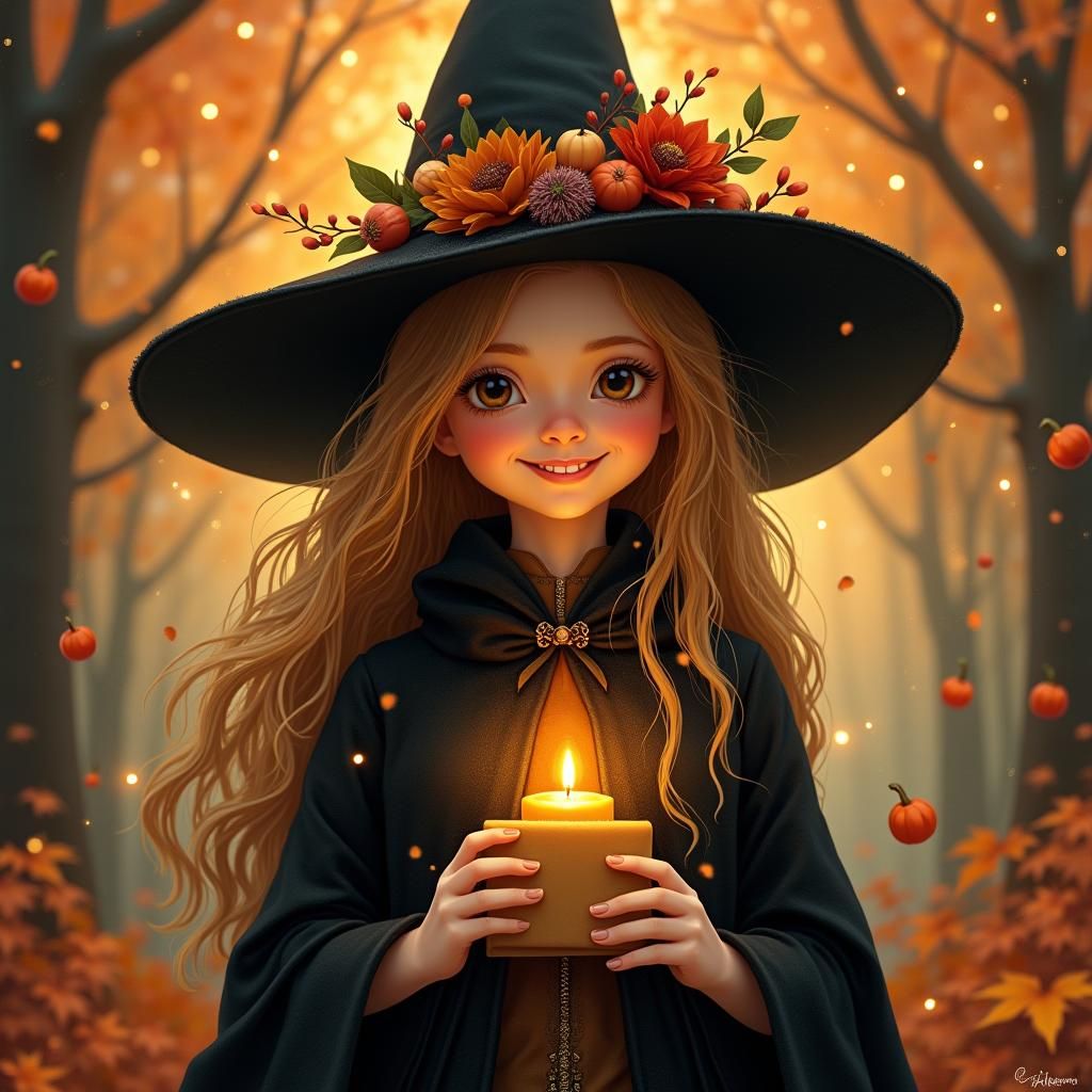 Whimsical Witch with Gift Card in Fantasy Illustration