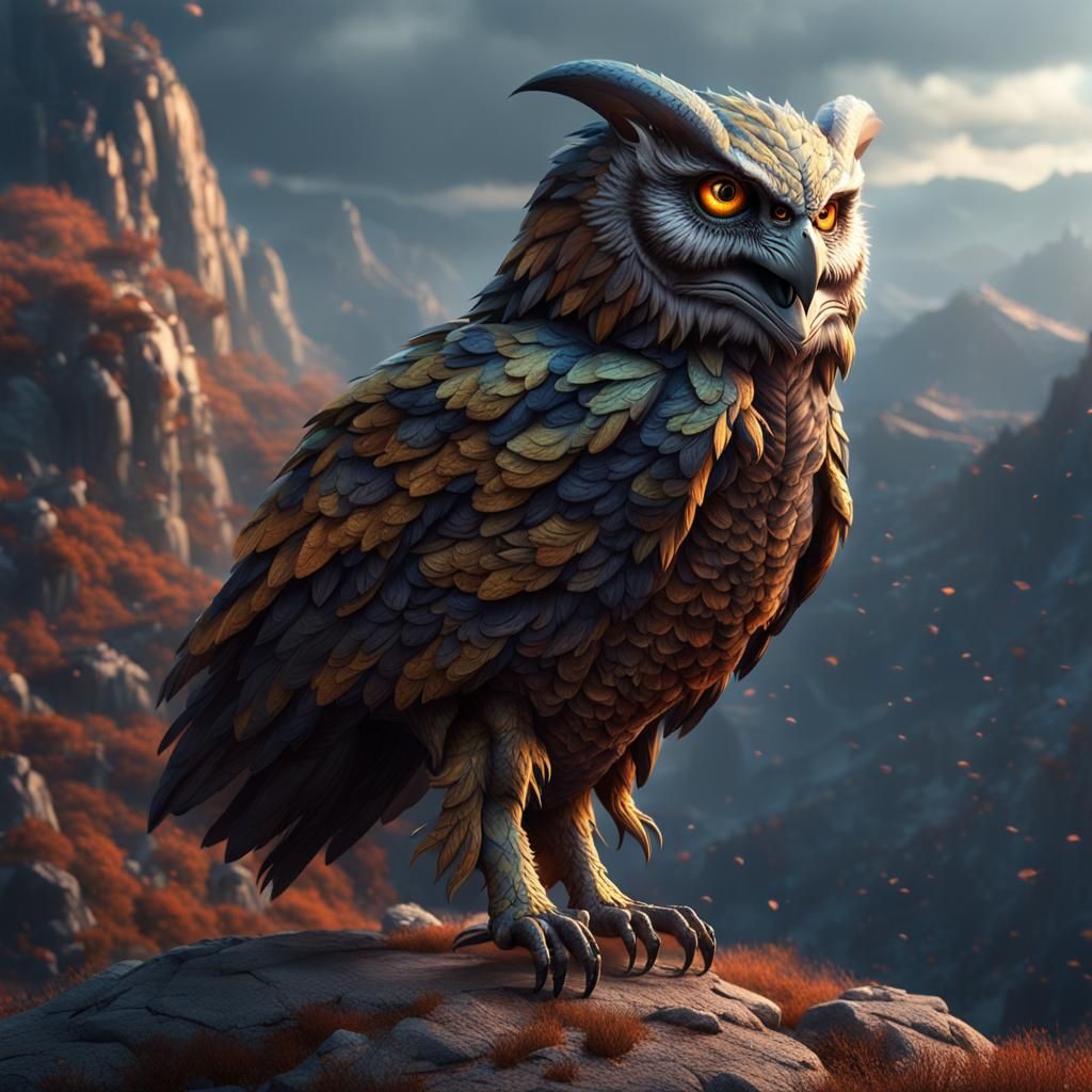 Evil Owl-Scorpion-Lion Hybrid Flying Over Mountain