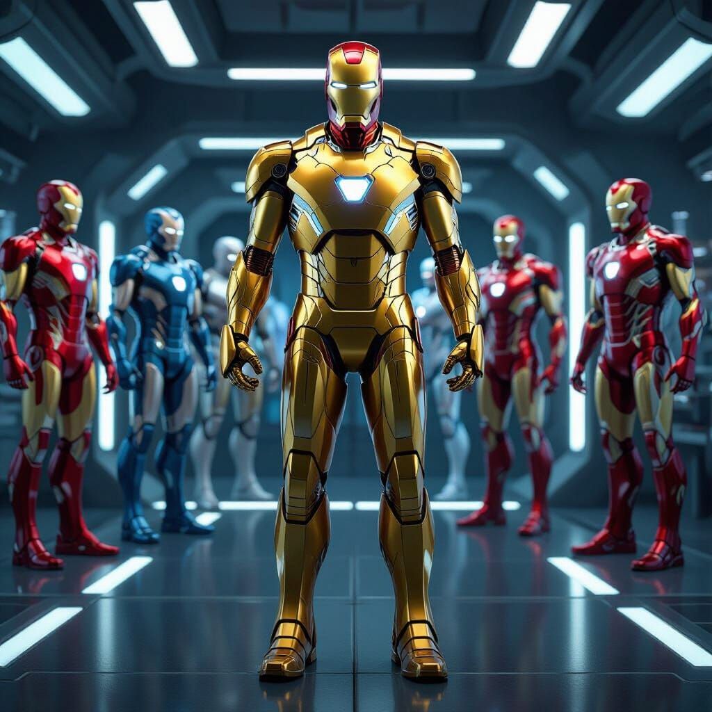 Golden Iron Man Suits in Futuristic Lab