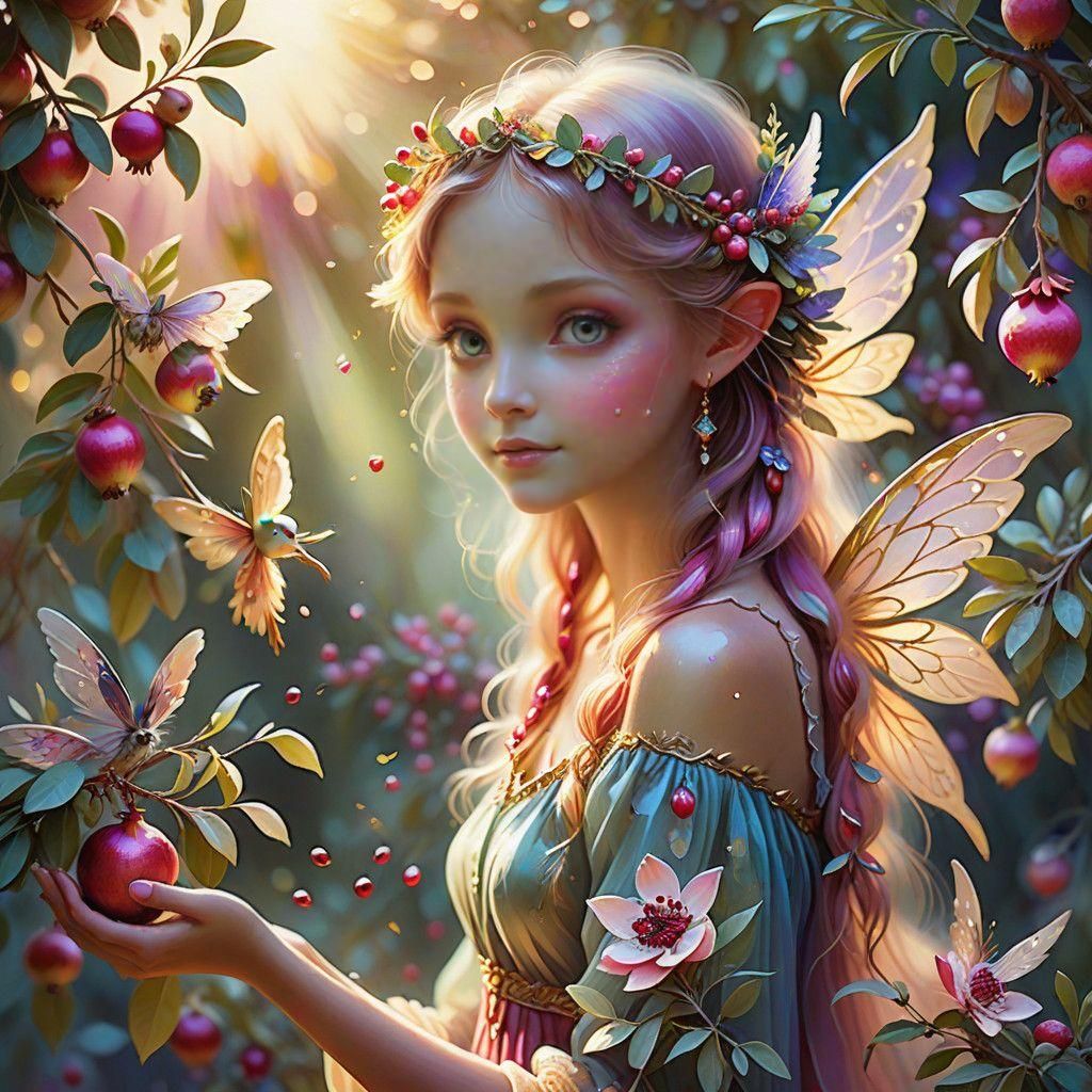 Mystical Fairy Sits Among Pomegranate Blooms
