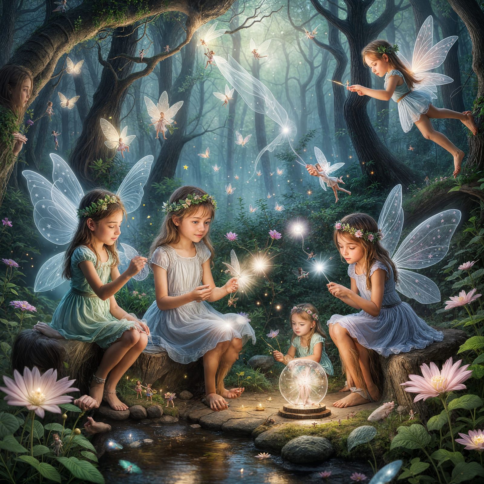 Girl Surrounded by Miniature Fairies in Whimsical Magic Scen...