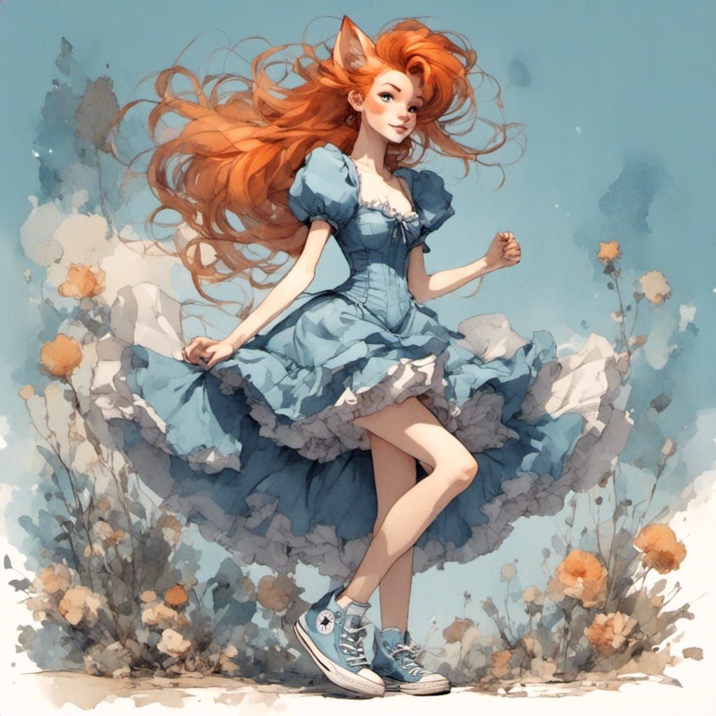 Fox-girl VIXEN, wearing Summer Blue Puff Sleeve Corset Dress...