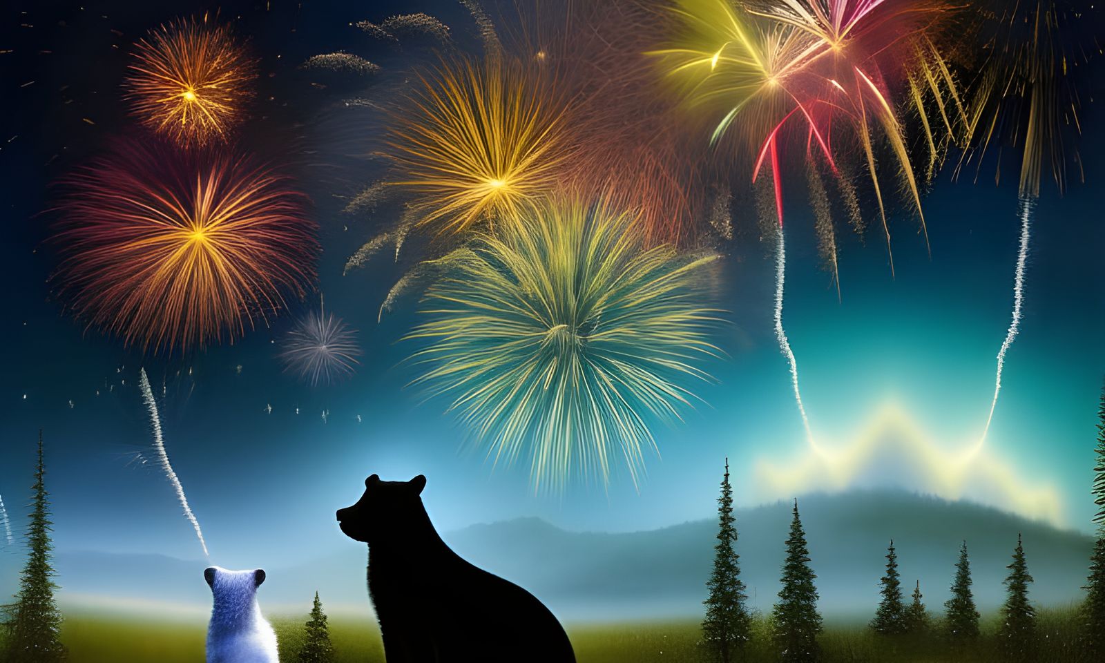 Bears Watch New Year Fireworks in Digital Painting