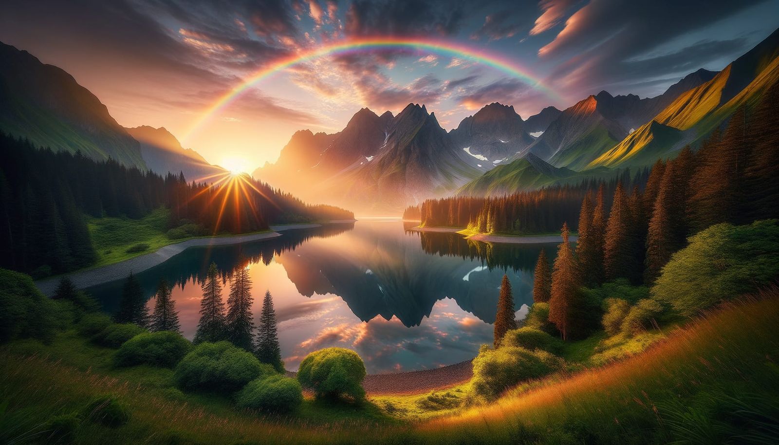 Mountain Lake Sunrise with Vibrant Rainbow Reflection