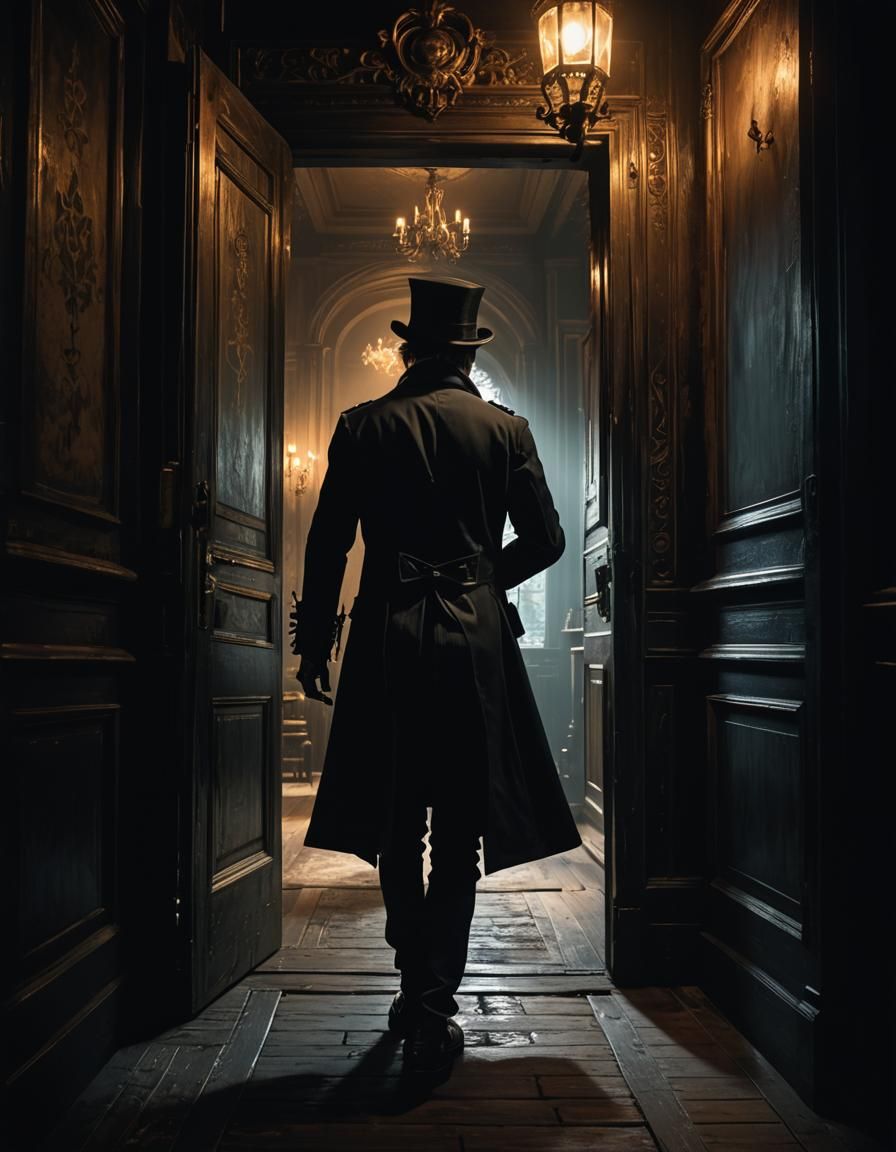 Gothic Victorian Figure Enters Dark Doorway