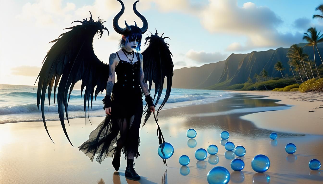 Gothic Demon on Beach with Glass Bubbles in Surreal Style