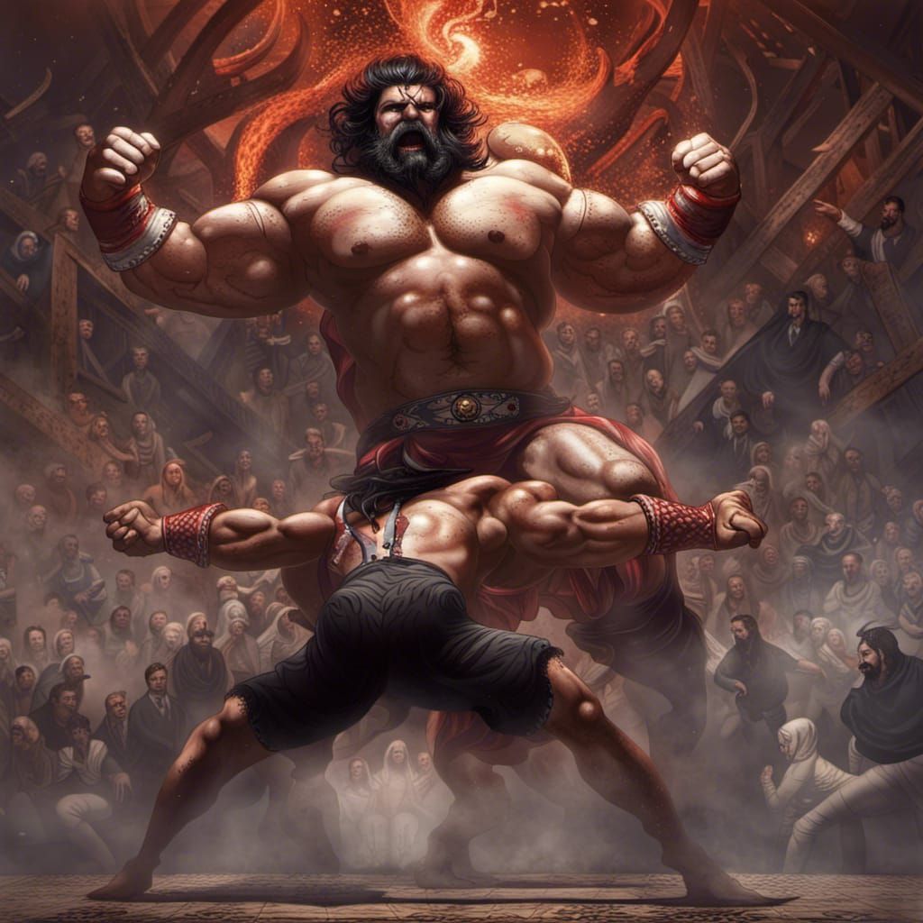 Iranian Wrestler Battles a Demon: Fantasy Art