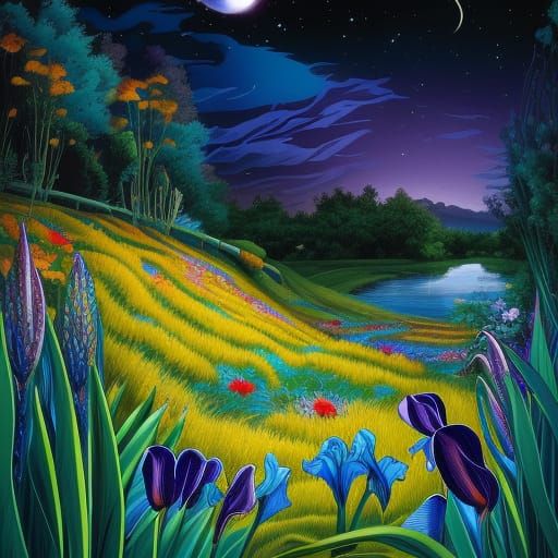 Enchanted Flower Meadow Under Starry Night, Comic Book Art