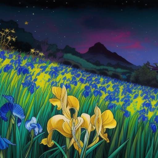Enchanted Flower Meadow under Starry Night Sky