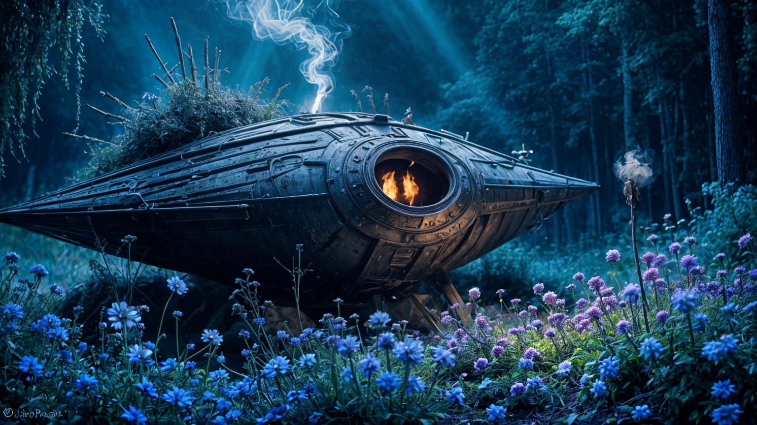 Midnight Saucer Crash in a Dark Fantasy Garden