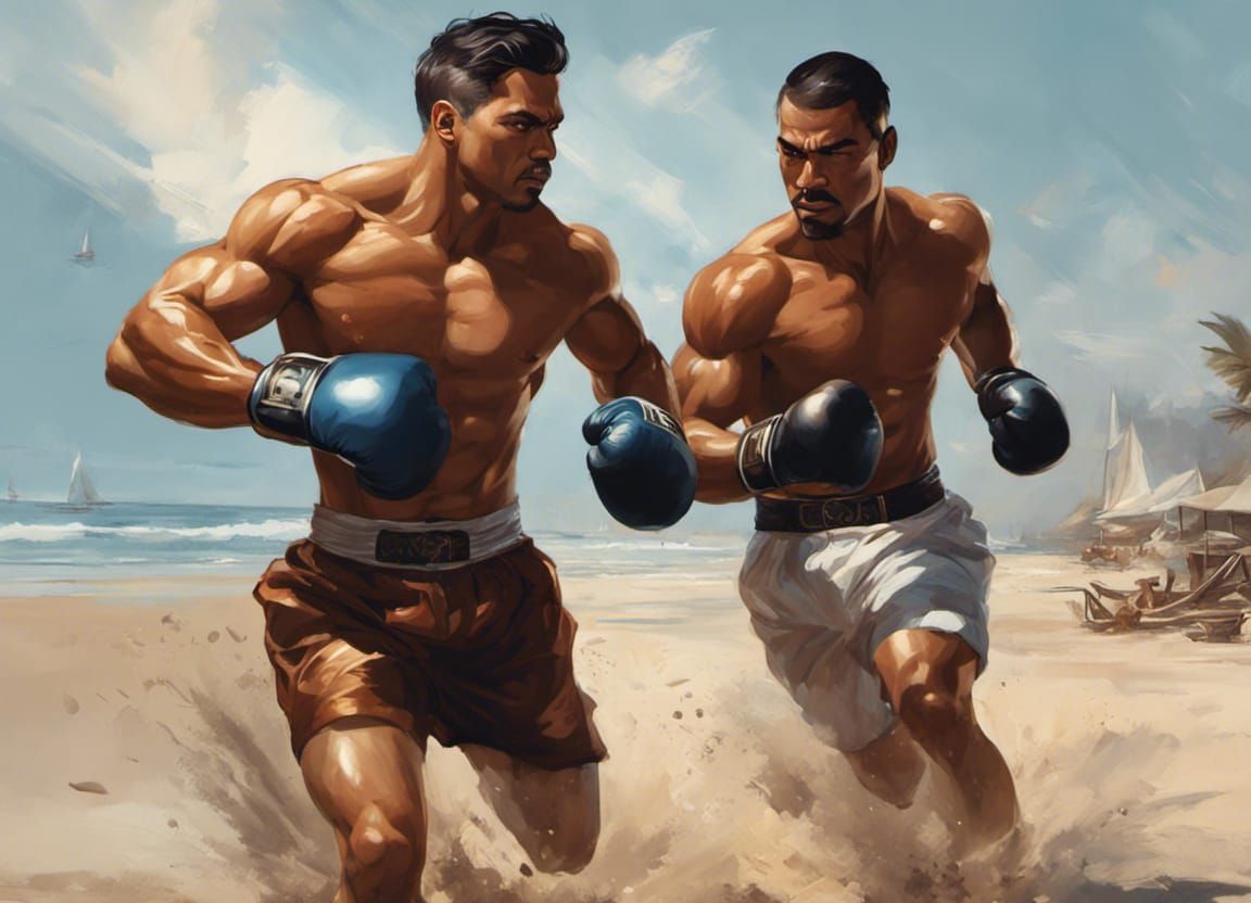 Hyperrealistic Boxers Training on Beach, Concept Art