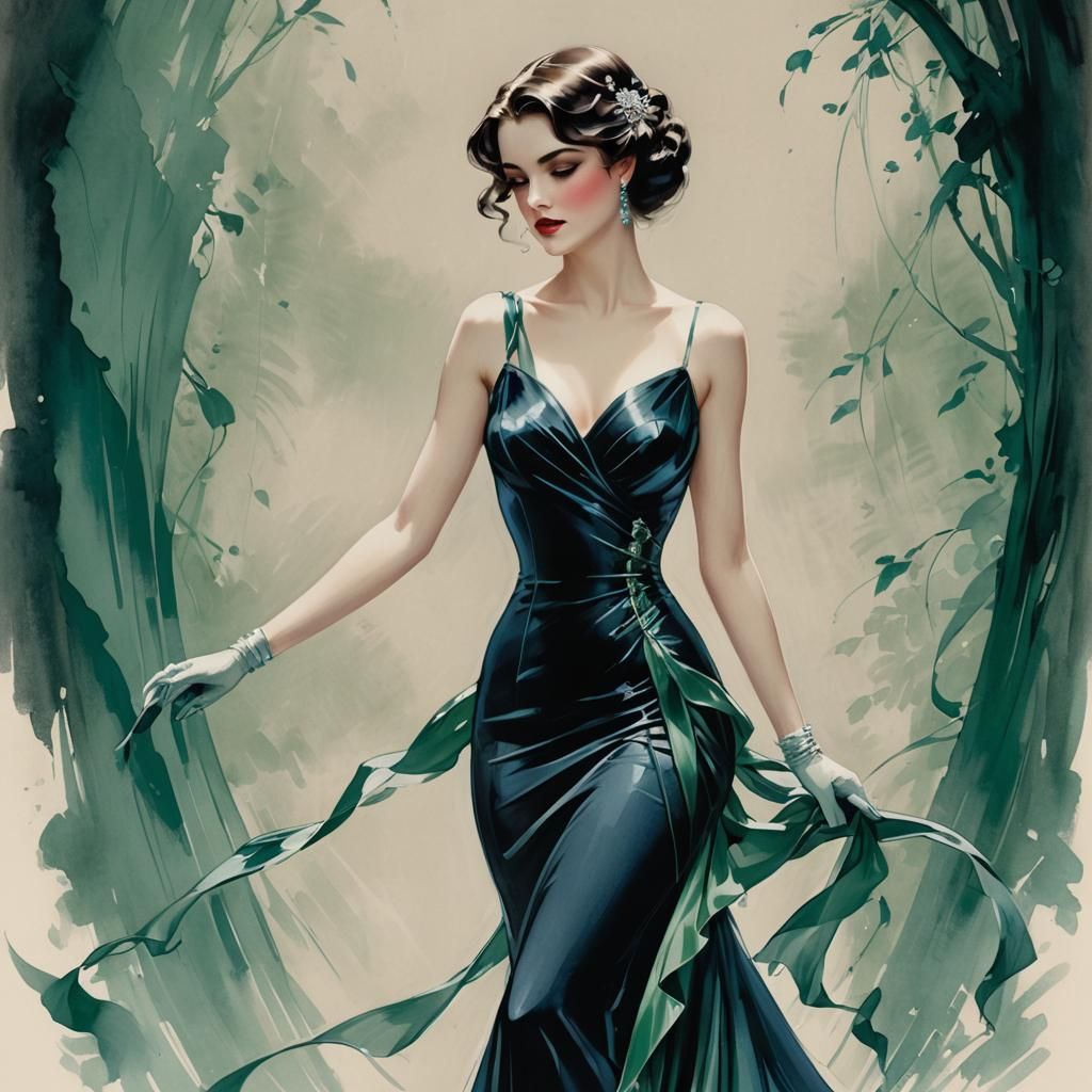 Silver-Haired Woman by Waterfall in Art Nouveau Style