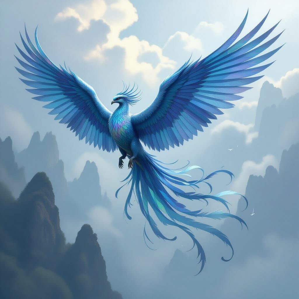 Iridescent Winged Creature Soaring in Misty Sky