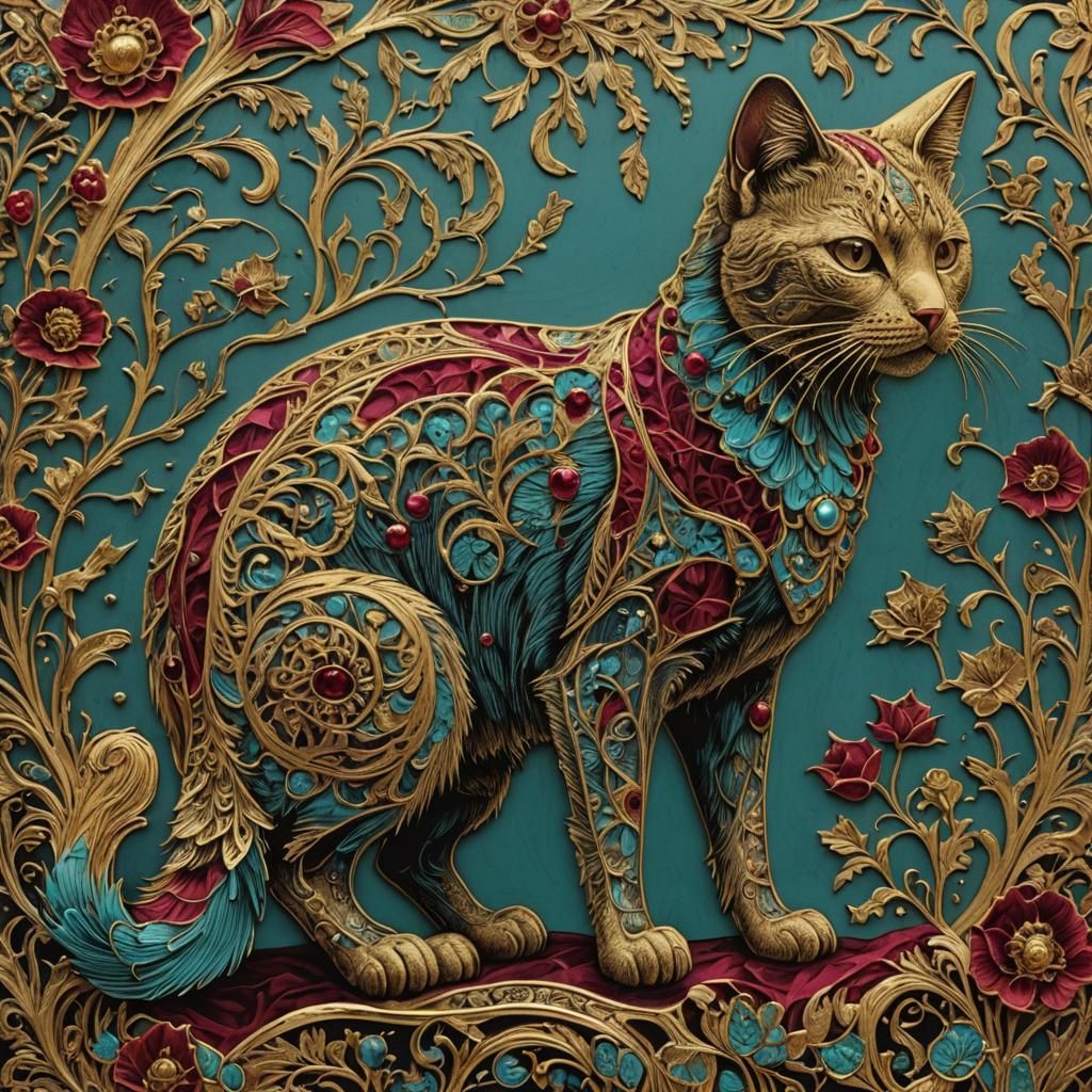 Intricate Cat Etching in Gold, Ruby, and Turquoise