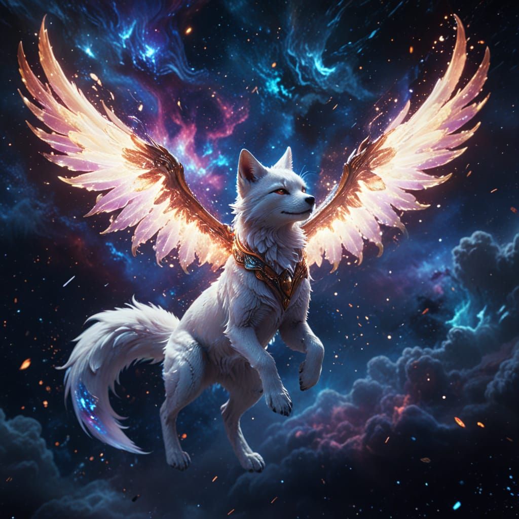 Celestial Kitsune Soaring Through Nebula in Anime Style