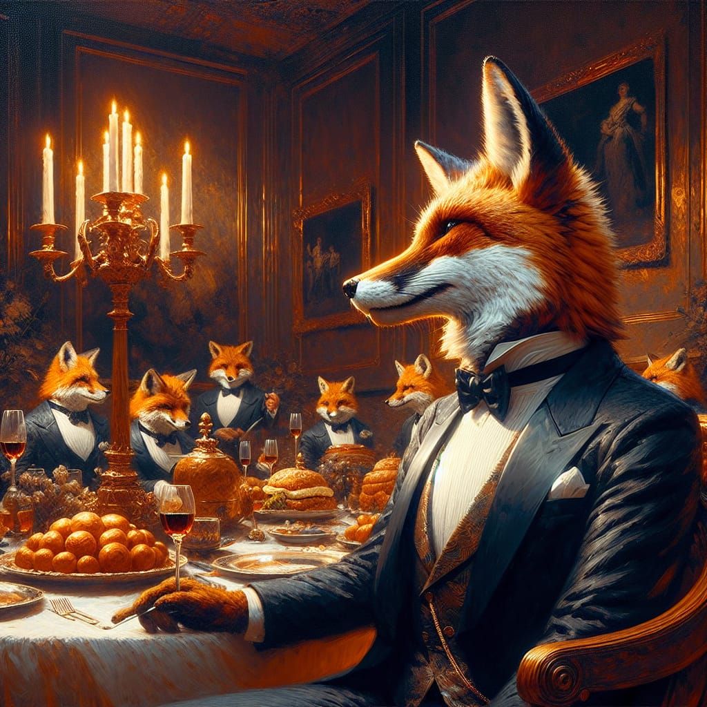 Anthropomorphic Fox in Tuxedo at Dinner Party