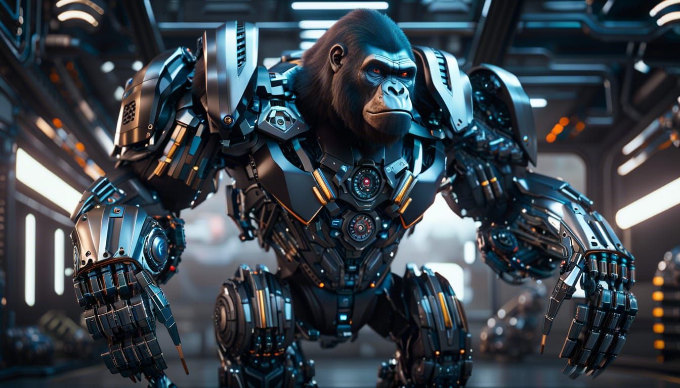 Cyborg Gorilla with Prosthetic Arms in Sci-Fi Style