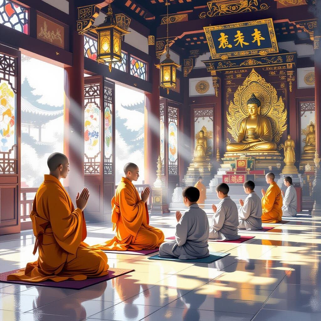 Zen Monks Praying in Ornate Temple