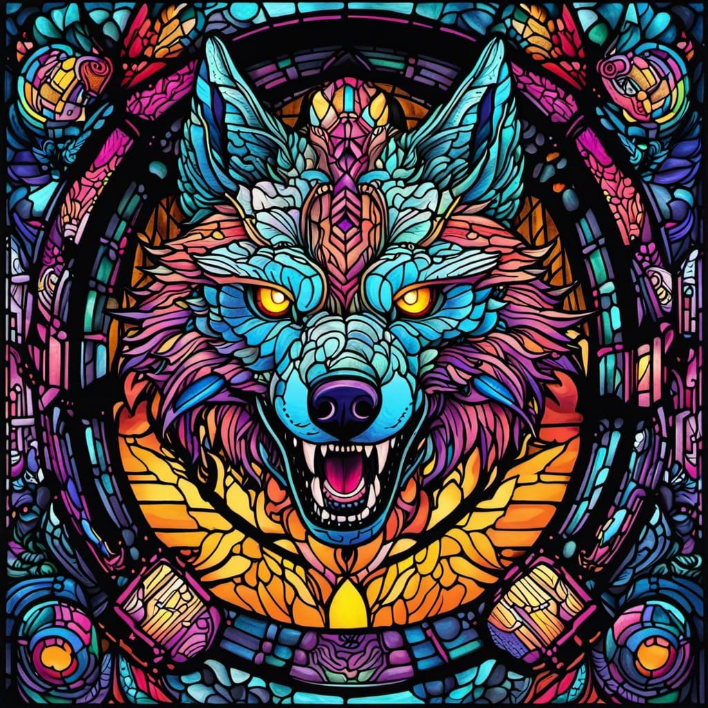 Kaiju Wolf Stained Glass in Aetherpunk Style