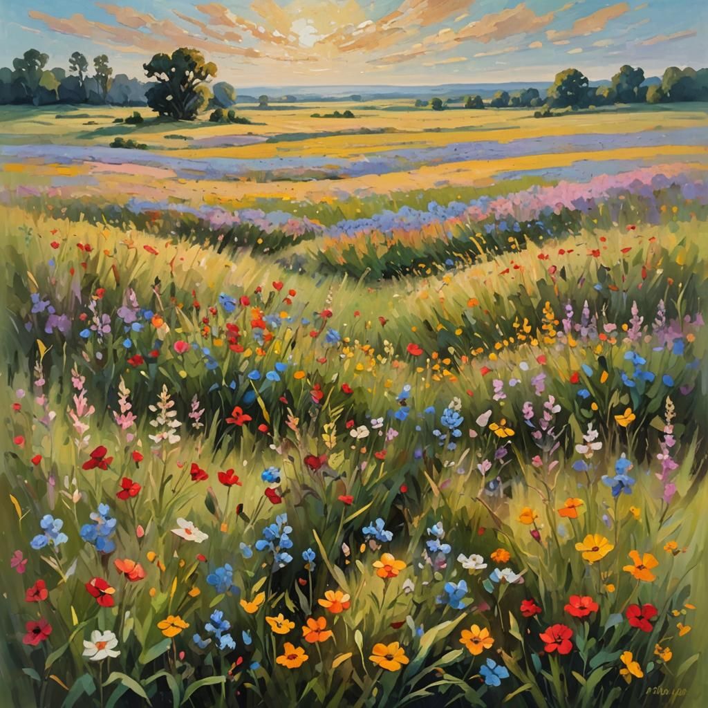 Impressionist Wildflower Field Landscape as Oil Painting
