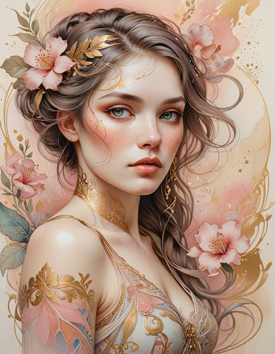 Art Nouveau Woman with Delicate Tattoos