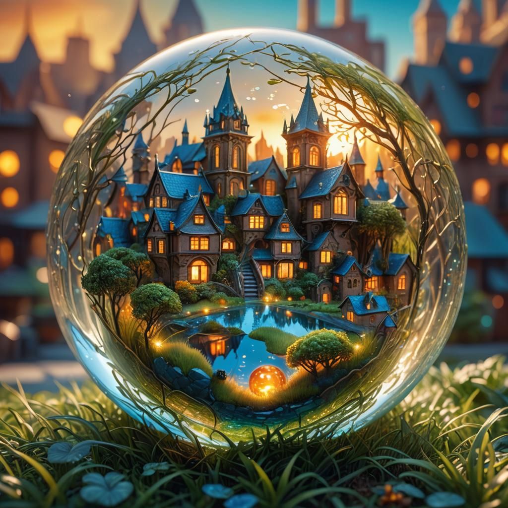 Miniature City of Grass in Glass Orb