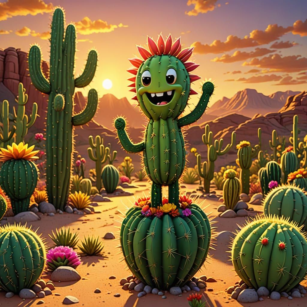 Playful 3D Cartoon Cactus in Desert Sunset
