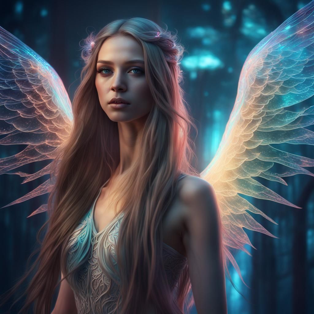 Holographic Angel Wings: Bioluminescent Fantasycore Portrait