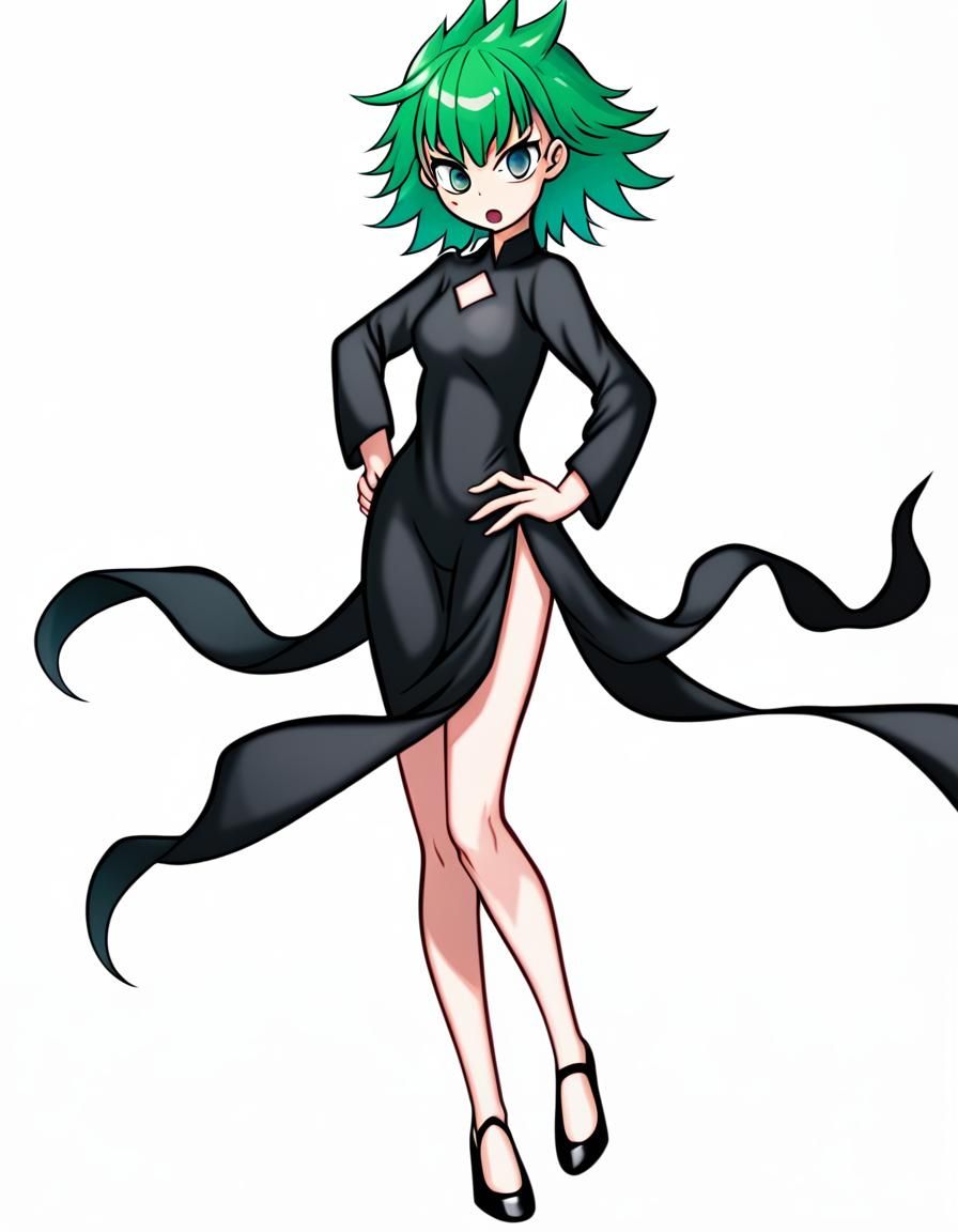 Tatsumaki Illustration: Green Hair, Black Dress