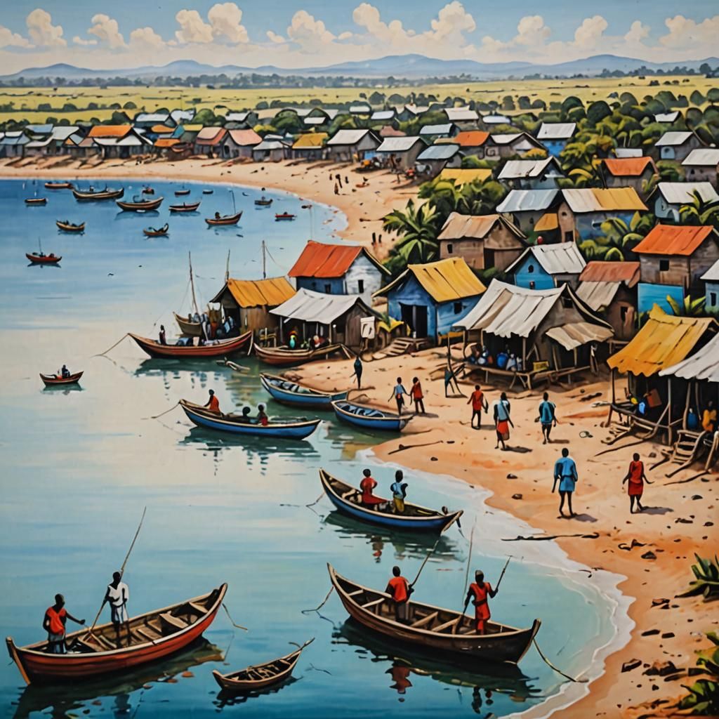 African Seaside Village Oil Painting on Canvas