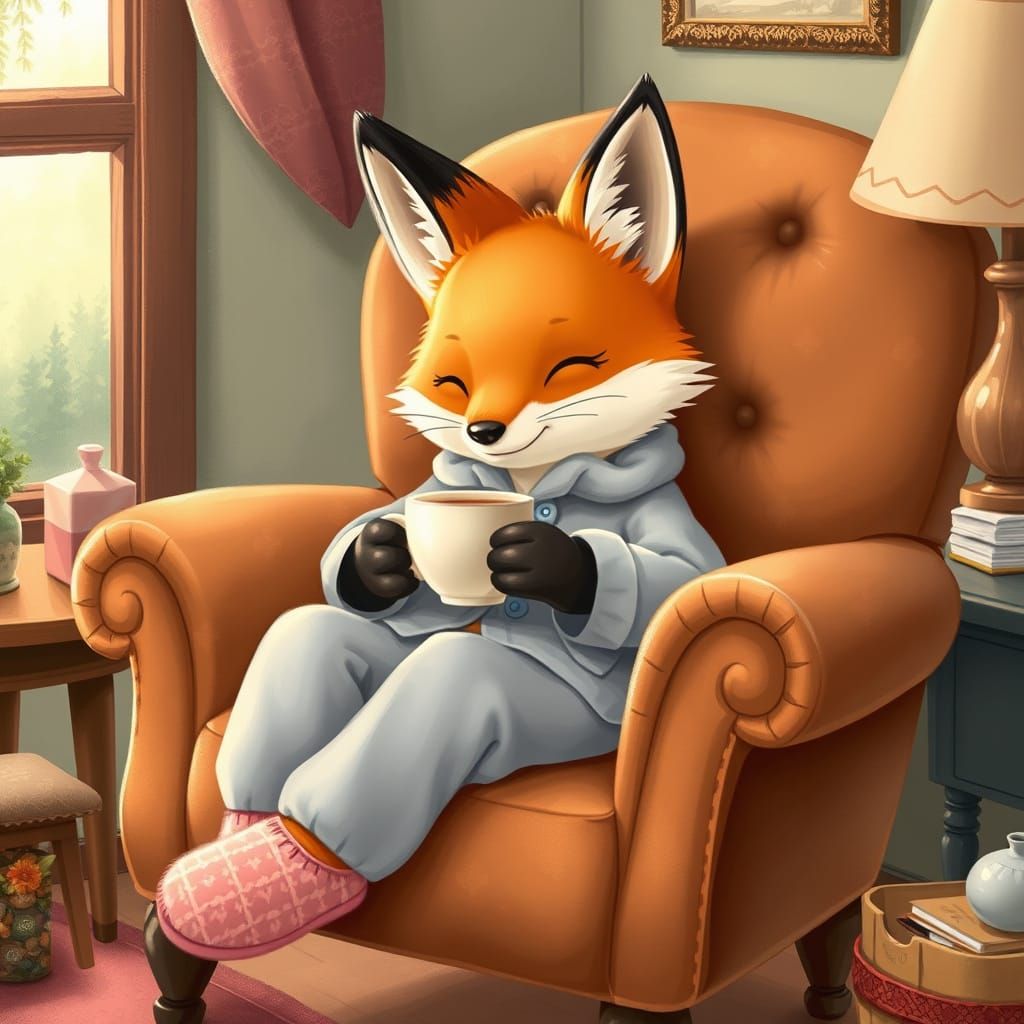Fox in Pajamas Having Tea, Illustration