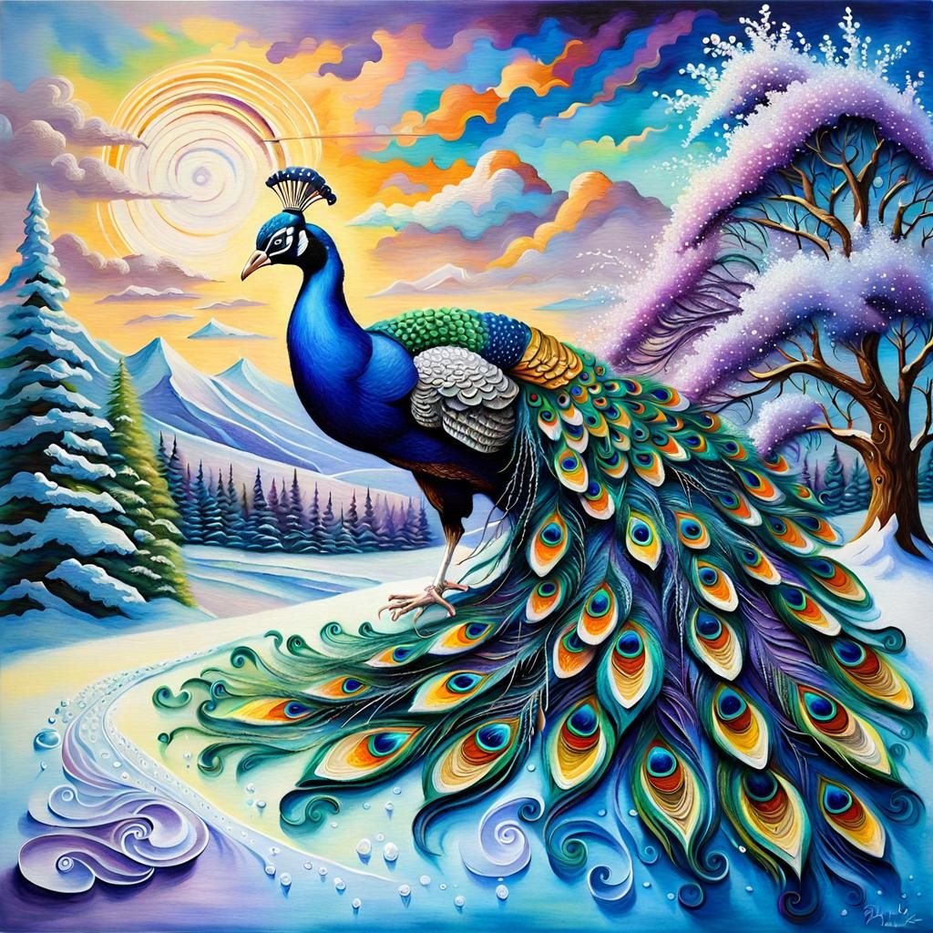 Peacock Ice Skating: Surreal Oil on Canvas