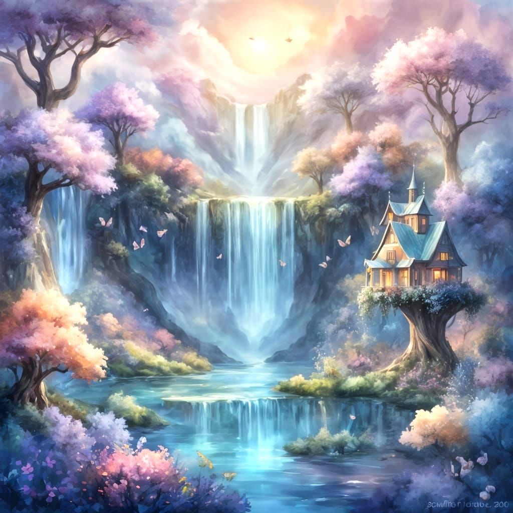 Mystical Watercolor Waterfall on Floating Island