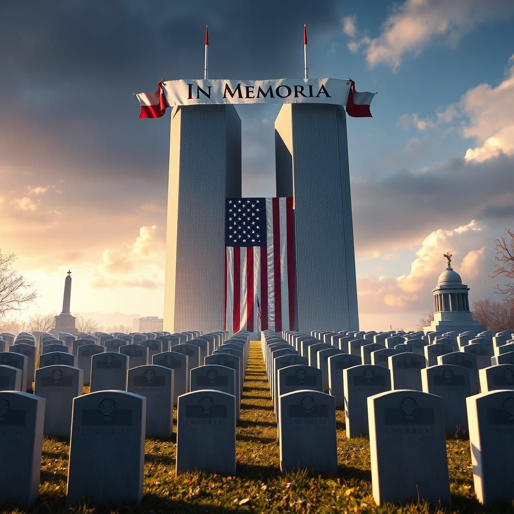 Twin Towers Memorial with American Flag, Digital Art