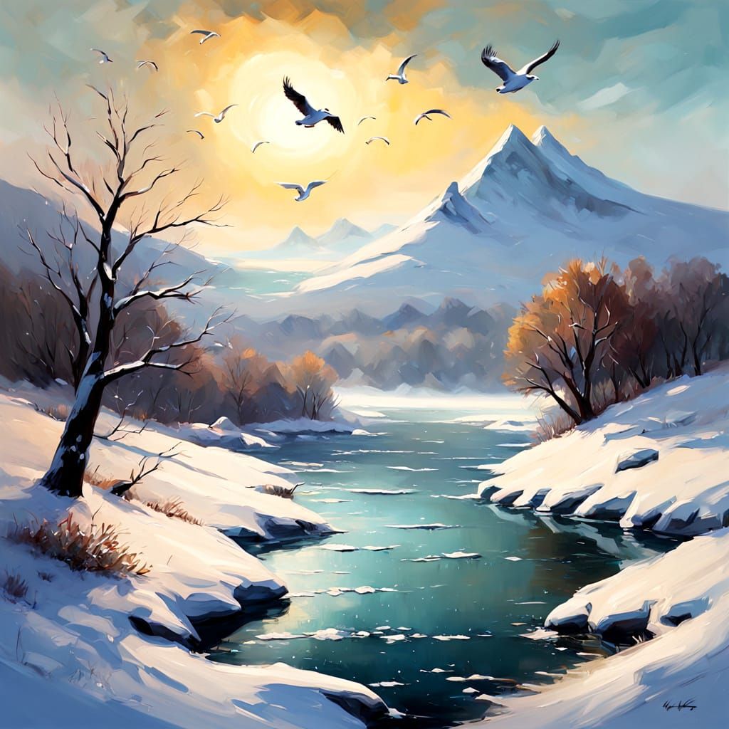 Impasto Oil Painting Of Winter Landscape With Seagulls