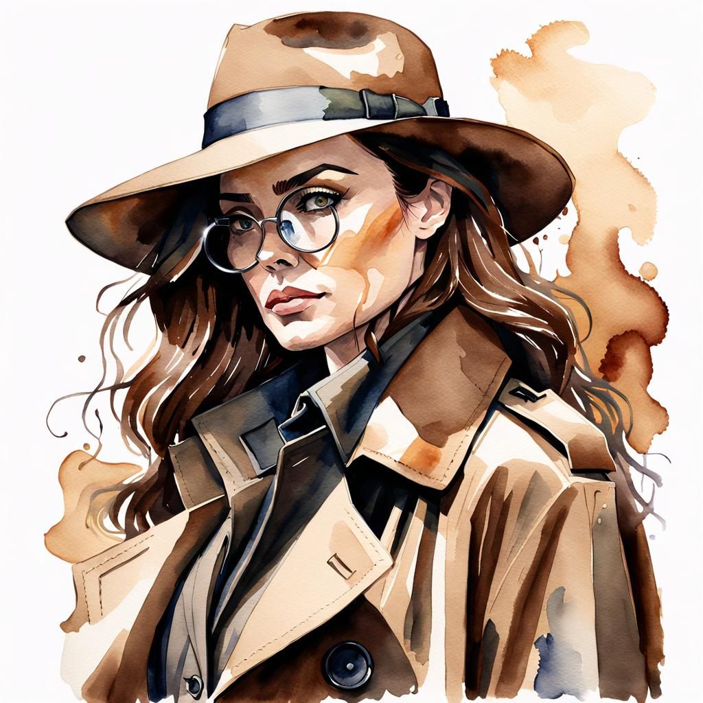 Ominous Watercolor Detective with Magnifying Glass