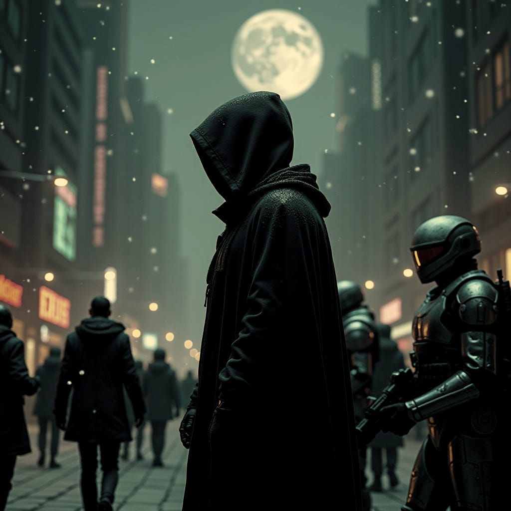 Futuristic Cityscape: Cloaked Figure Under a Starry Night