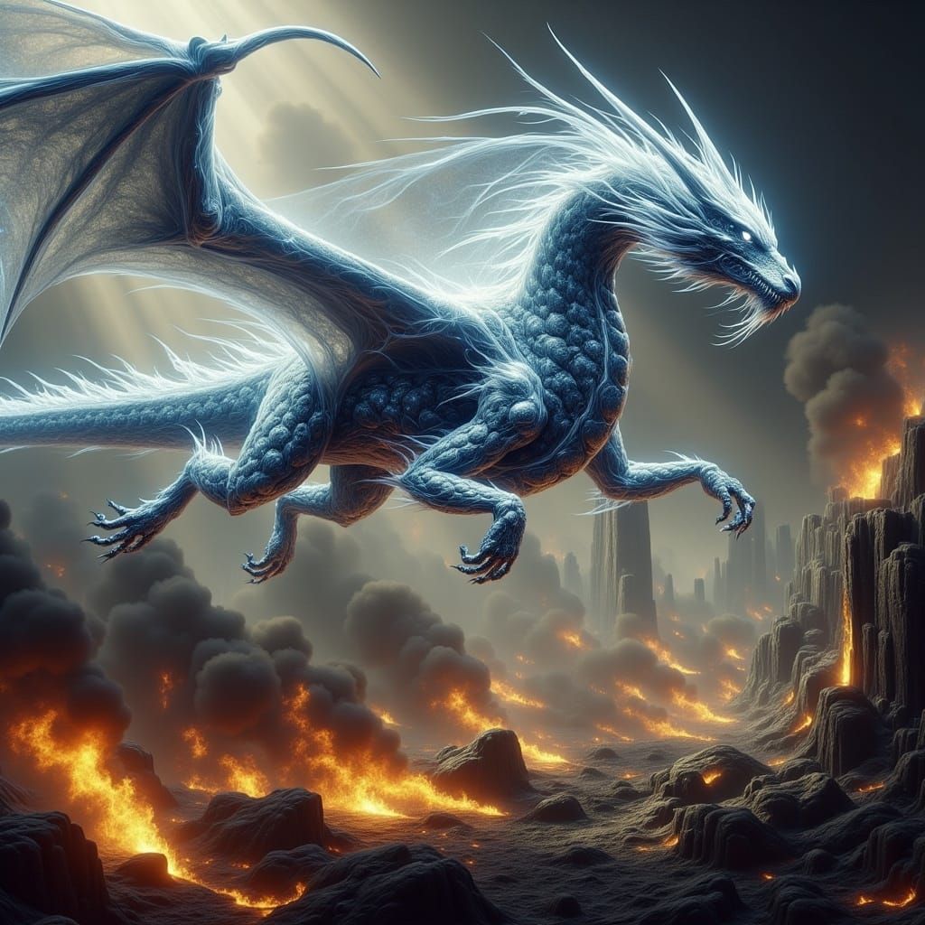 Iridescent Light Dragon Soaring Over Battlefield