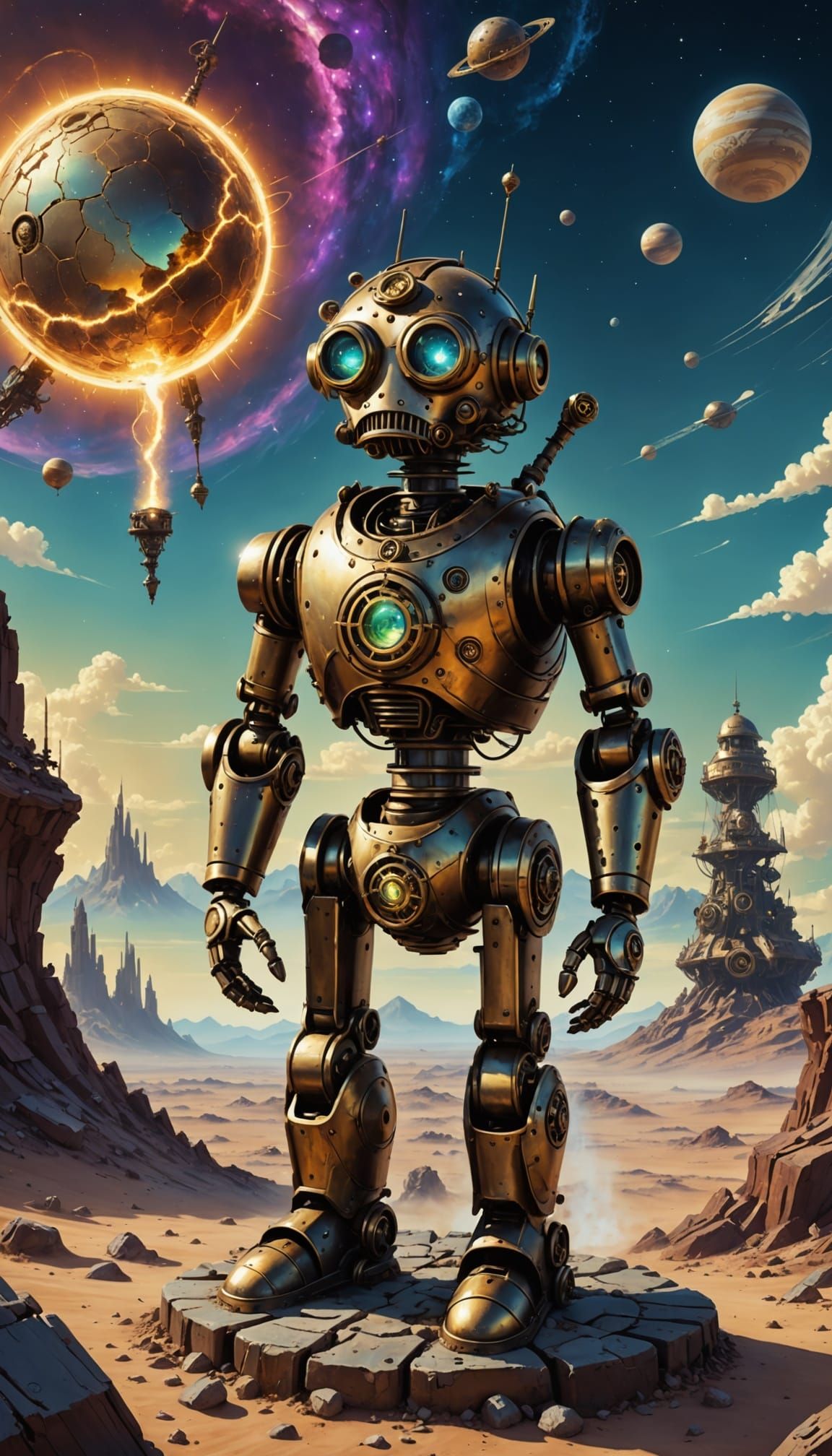 Steampunk Automaton Gazing at Nebula, Gritty Realism