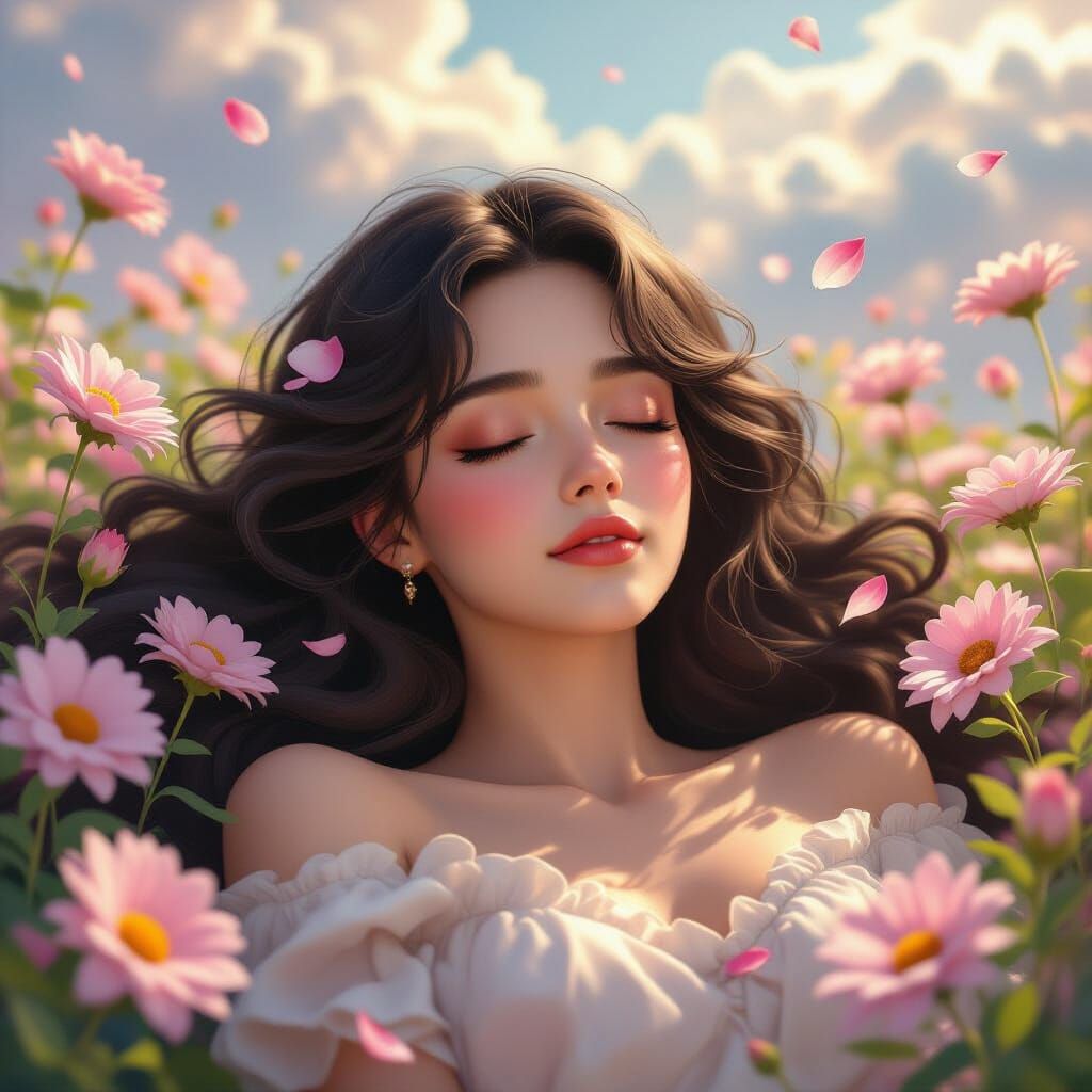 Surreal Character Rests Among Blooming Flowers
