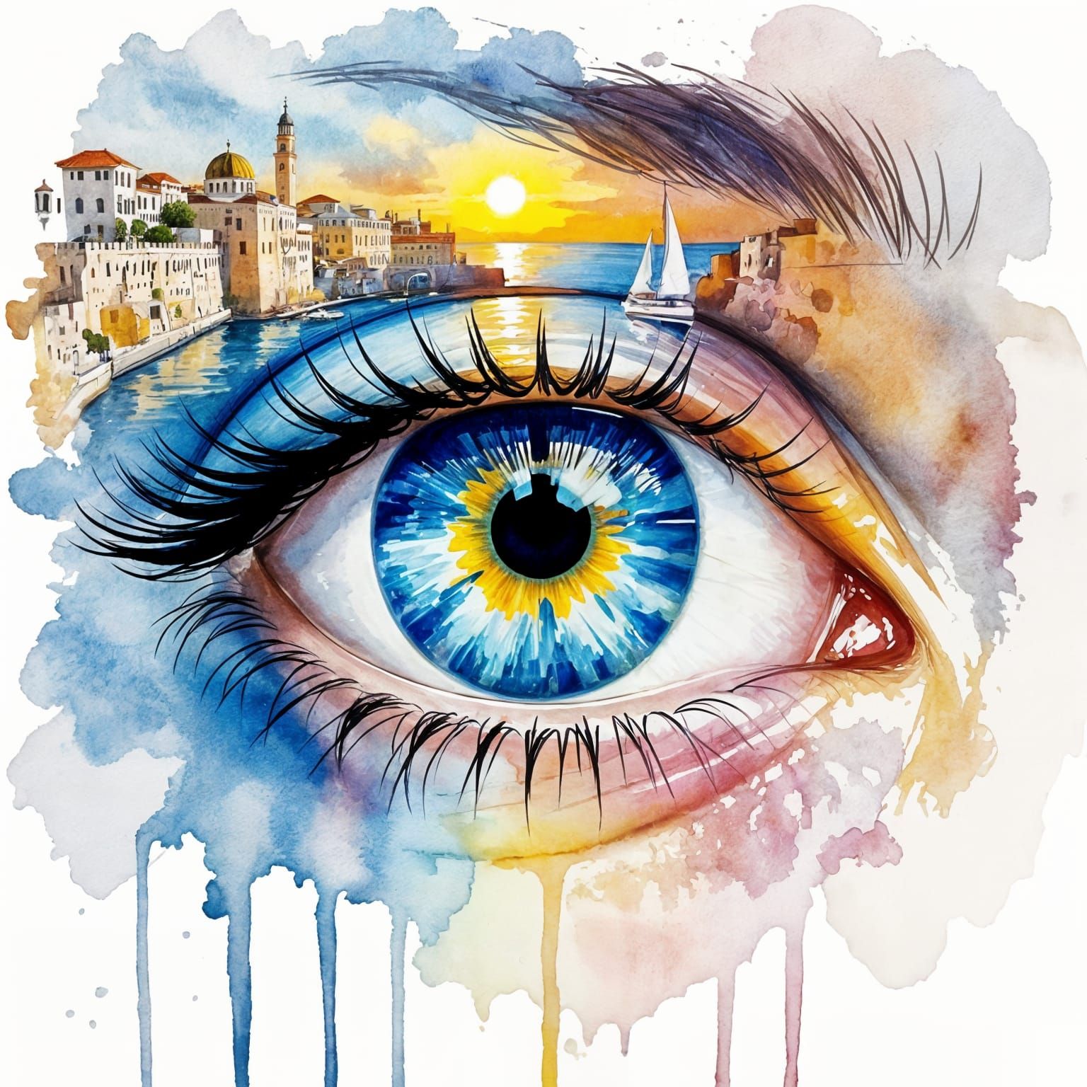 Blue Eye with Jaffa Landscape Inside, Watercolor Style